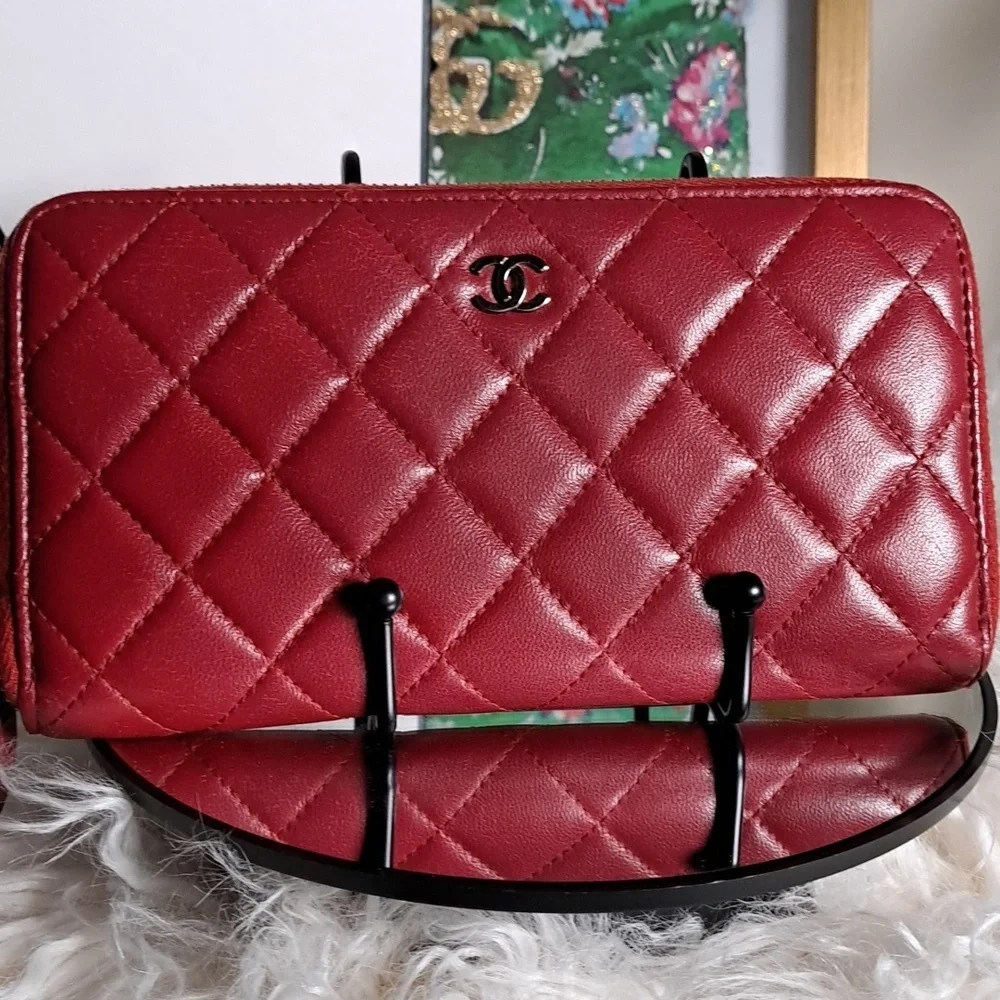 Chanel Red Quilted Cavier Zip Around Wallet With COA